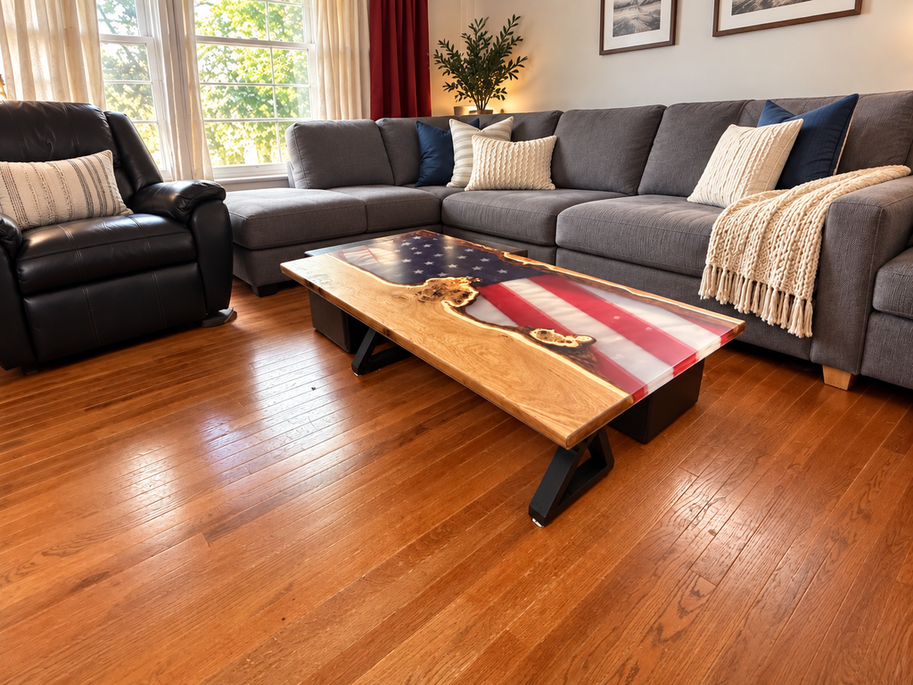Patriot Craftsmen Handcrafted Burr Oak & Old Glory Epoxy Coffee Table