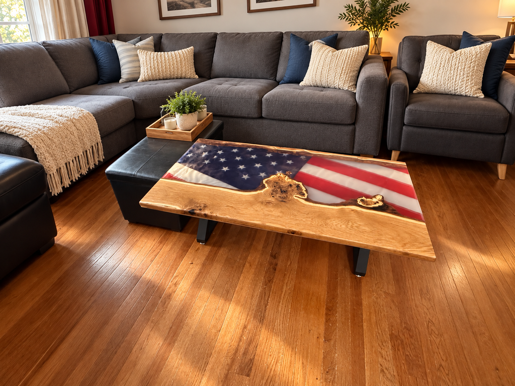 Patriot Craftsmen Handcrafted Burr Oak & Old Glory Epoxy Coffee Table